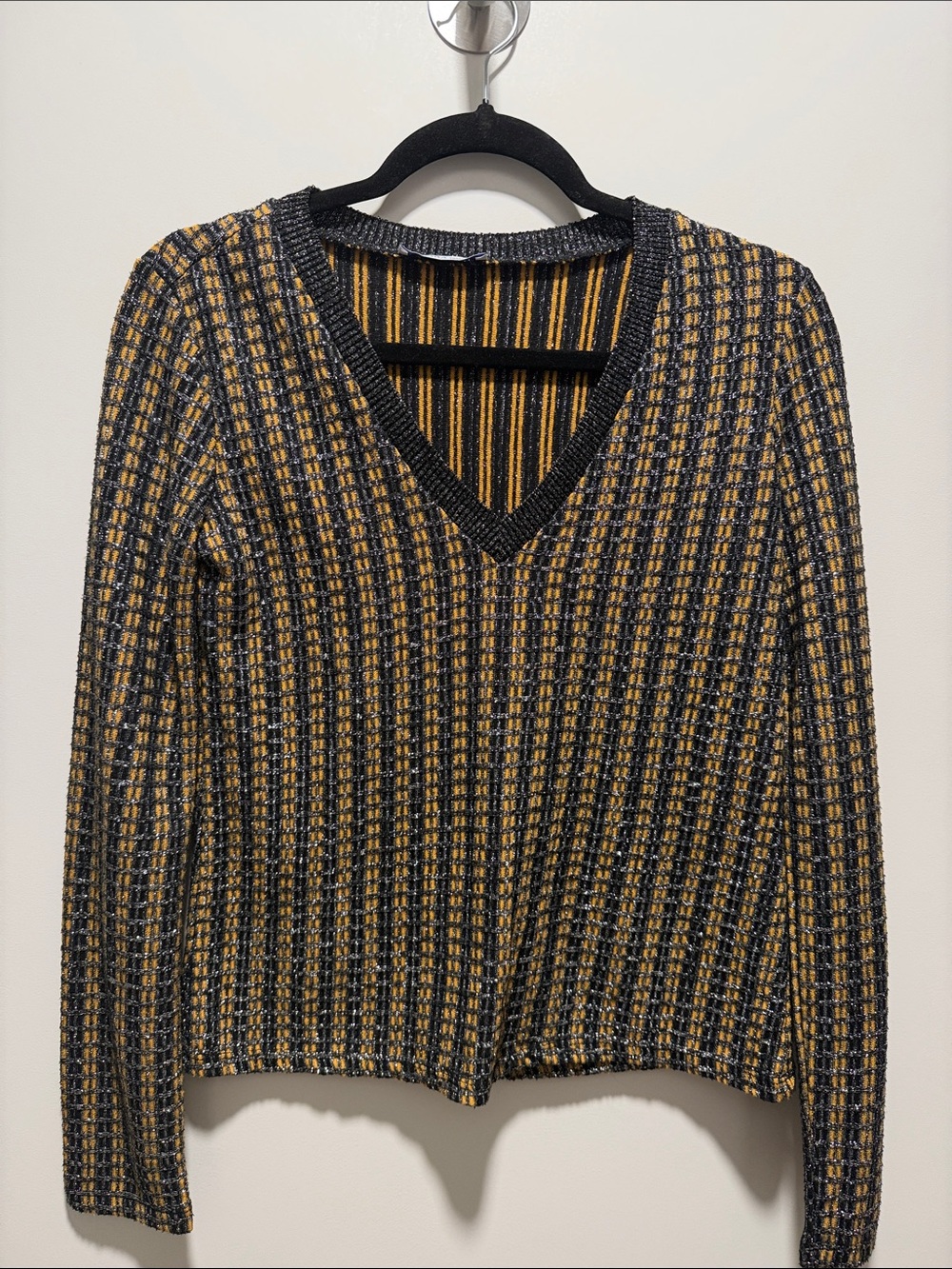Zara V-Neck Striped Knit Top in Mustard & Black